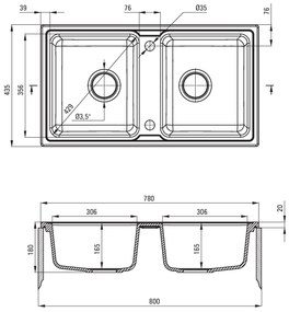 Deante Zorba, granitový drez 780x435x180 mm B/O, 3,5" + priestorovo úsporný sifón, 2-komorový, grafitová metalíza, ZQZ_G203