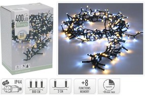 Vonkajšia svetelná reťaz Microcluster, 8 m, 400 LED, teplá biela + biela, časovač, IP44, 8 m