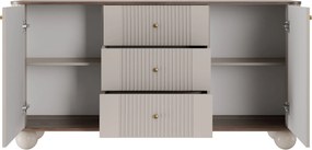 Komoda Vesper 160 cm so zásuvkami na guľatých nohách - kašmír / orech / zlaté úchytky