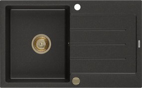 Mexen Bruno, granitový drez 795x495x200 mm, 1-komorový, čierna so zlatou metalízou a zlatým sifónom, 6513791010-75-G