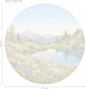 Horské pleso medzi lúčnymi kvetmi okrúhla akvarelová dekorácia s horskou lúkou na stenu arch 46 x 46 cm