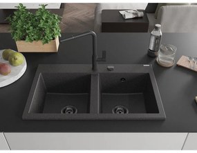 Mexen Hektor, 2-komorový granitový drez 800x480x205 mm, čierna škvrnitá, grafitový sifón, 6521802000-76-B