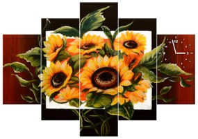 Gario Obraz s hodinami Prekrásne slnečnice - 5 dielny Rozmery: 150 x 105 cm