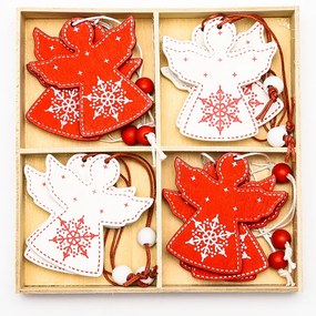 DECOLED Dřevěný anděl, 5x6 cm, červený a bílý, 12ks/bal.