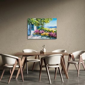 Sklenený obraz záhradky pred domom, olejomaľba (70x50 cm)