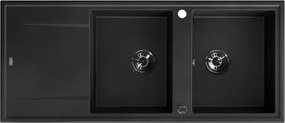 Laveo Megalo, 2-komorový granitový drez 1160x500x185 mm s dlhým odkvapávačom, čierna, LAV-SBE_721B