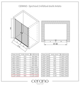 CERANO - Sprchové 2-krídlové dvere Antelo L/P - čierna matná, transparentné sklo - 120x190 cm, CER-CER-482107