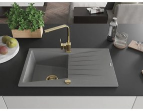 Mexen Cesar, granitový drez 775x470x190 mm, 1-komorový, šedá so zlatým sifónom a zlatá drezová batéria Rita, 6514-71-670300-50