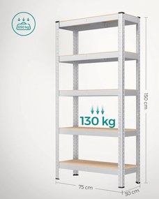 5-úrovňový policový diel, oceľový regál s vysokou nosnosťou do 650 kg, strieborný