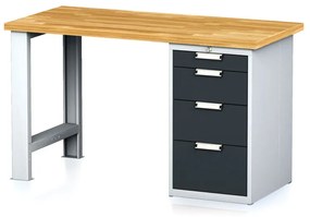 Dielenský pracovný stôl MECHANIC I, pevná noha + dielenský box na náradie, 4 zásuvky, 1500 x 685 x 880 mm, antracitové dvere
