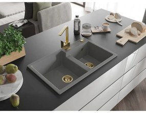 Mexen Tomas, granitový drez 800x500x190 mm, 2-komorový a zlatá batéria Rita, šedá, 6516-71-670300-50