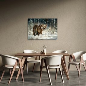 Sklenený obraz - Tiger v zasneženom lese, olejomaľba (70x50 cm)