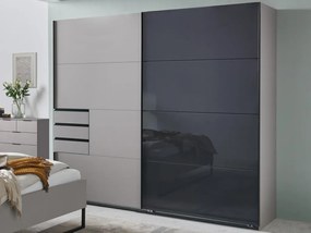 Šatníková skriňa so zásuvkami Tilburg, 225 cm, šedá sahara/čierne sklo