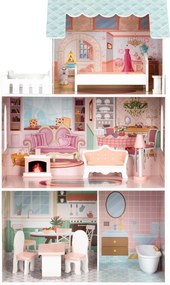 Veľký drevený domček pre bábiky ECOTOYS – 3 poschodia, 9 dielikov nábytku (pre Barbie)