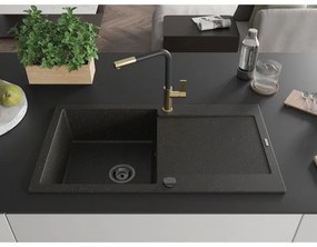 Mexen Leo, 1-komorový granitový drez 900x500x190 mm a drezová batéria Flora, čierna-zlatá metalíza, 6501-75-670401-57-B