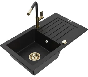 Mexen Pablo, 1-komorový granitový drez 752x436x161 mm a drezová batéria Flora, čierna, 6510-77-670401-57-G
