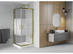 Mexen Rio, štvorcový sprchovací kút s posuvnými dverami 80(dvere) x 80(dvere) x 190 cm, 6mm číre sklo s pásikmi, zlatý profil + biela sprchová vanička RIO, 860-080-080-50-20-4510