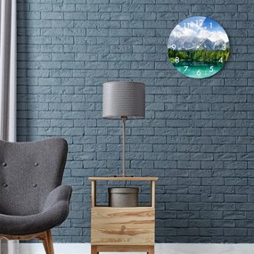 Okrúhle sklenené hodiny 30 cm s motívom horského jazera