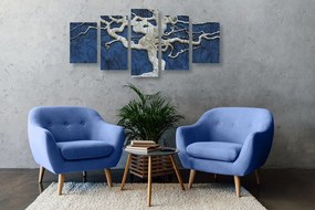 5-dielny obraz abstraktný strom na dreve s modrým kontrastom - 200x100
