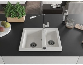 Mexen Carlos, 1,5-komorový granitový drez 582x475x177 mm a drezová batéria Flora, biela, 6518-20-670401-07-B