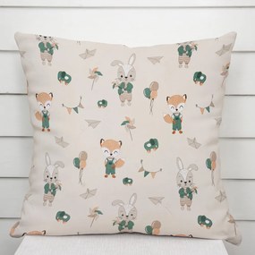 Biante Detská bavlnená obliečka na vankúš Sandra SA-701 Zajačiky a líšky s balónikmi - zelené na svetlo béžovom 50 x 50 cm