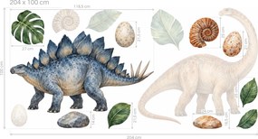 Stegosaurus a dlhokrký dinosaurus praveké akvarelové nálepky pre malých aj väčších chlapcov na stenu arch 46 x 23 cm