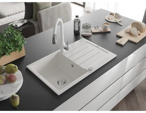 Mexen Bruno, 1-komorový granitový drez 795x495x200 mm a drezová batéria Savita, biela, 6513-20-672601-20