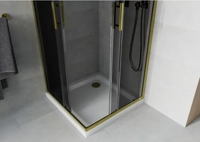 Mexen Rio, štvorcový sprchovací kút s posuvnými dverami 90(dvere) x 90(dvere) x 190 cm, 6mm šedé sklo, zlatý profil + biela sprchová vanička SLIM, 860-090-090-50-40-4010G