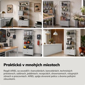 Regál so zásuvkami do kancelárie, na šanóny a dokumenty, otvorené police, kovový, sivý, 800x2200x400 mm: ARIEL