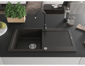 Mexen Leo, 1-komorový granitový drez s odkvapkávačom 90x50 cm a kuchynskou batériou Telma, čierna-zlatá metalik, 6501-75-670200-70