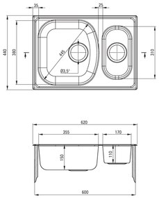 Deante Xylo, nerezový drez na dosku 1,5-komorový B/O 620x440x150 3,5" + sifón, vzor dekor, ZEX_3503