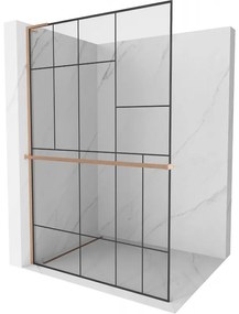 Mexen Kioto+ L, sprchová zástena Walk-In s poličkou a vešiakom 110 x 200 cm, 8mm číre sklo čierny vzor, medený matný profil, 800-110-123-65-78