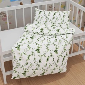 Biante Detské bavlnené posteľné obliečky do postieľky Sandra SA-422 Zelené listy na bielom Do postieľky 90x130 a 40x60 cm