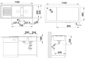 Blanco Zia 8 S, silgranitový drez 1160x500x190 mm, 2-komorový, sivá vulkán, BLA-527392