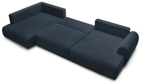 Tmavomodrá menčestrová rozkladacia/s úložným priestorom rohová pohovka (ľavý roh/do tvaru "U") Lucien – Bobochic Paris