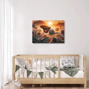 Sklenený obraz – Motýľ v zapadajúcom slnku (70x50 cm)