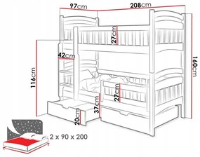 Detská poschodová posteľ z masívu DOMINIK II so šuplíkmi - 200x90 cm - prírodná borovica