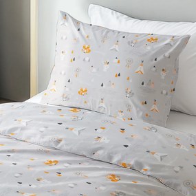 Biante Detské bavlnené posteľné obliečky Sandra SA-699 Oranžové zvieratká Indiáni na sivom Predĺžené 140x220 a 70x90 cm
