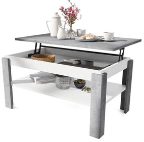 Rozkladací konferenčný stôl so zvíhacou doskou a poličkou ADEN šedá betón/biela