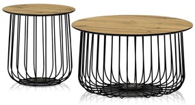 Set 2 ks stolíkov -  doska MDF, 3D dekor divoký dub, kovová čierna drôtená podnož pr.60 x 33 cm, pr.37 x 37 cm
