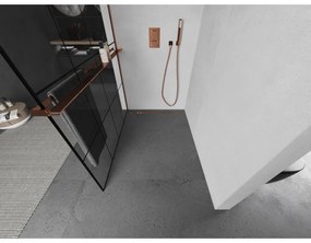 Mexen Kioto, sprchová zástena s poličkou a držiakom na uteráky 140 x 200 cm, 8mm číre sklo s čiernym vzorom, profil ružové zlato, 800-140-121-60-77