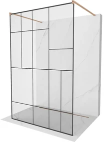 Mexen Kioto, sprchová zástena Walk-In 140 x 200 cm, 8mm sklo čierny vzor, medený matný profil, 800-140-002-65-78