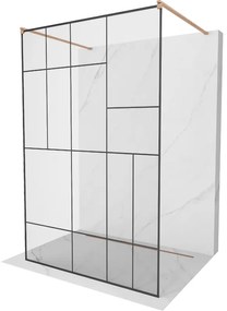Mexen Kioto, sprchová zástena Walk-In 140 x 200 cm, 8mm sklo čierny vzor, medený matný profil, 800-140-002-65-78