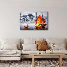 Obraz - Victoria Harbor, Hong Kong, čiernobiela olejomaľba (90x60 cm)