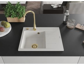 Mexen Ben, 1-komorový granitový drez 600x500x190 mm, ľavý + zlatý sifón, biela, 6522605000-20-G