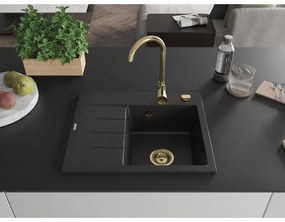 Mexen Ben, 1-komorový granitový drez 600x500x190 mm, pravý + zlatý sifón, čierna-strieborná metalíza, 6523605000-73-G