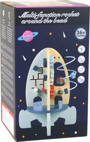 LEAN Toys Drevená edukačná hračka raketa s korálkami a ozubenými kolieskami