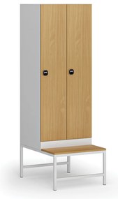 Šatníková skrinka s lavičkou, 2 oddiely, 1875 x 600 x 500/800 mm, demont, zámok s čítačkou RFID kariet, laminované dvere, buk