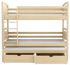 Detská poschodová posteľ z masívu borovice EMA s prístelkou a šuplíkmi - 200x90 cm - PRÍRODNÁ BOROVICA