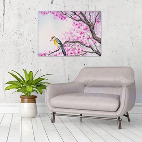 Sklenený obraz - Vtáčik na strome s ružovými kvetmi (70x50 cm)